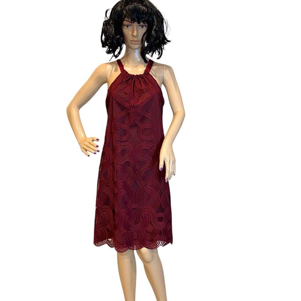Trina Turk Rancho Halter Dress Geometric Mesh Overlay Dark Red Size Small EUC